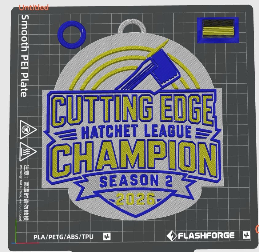 A Cutting Edge Hatchet League champion medallion laid out on the printer bed in the slicer, before printing
