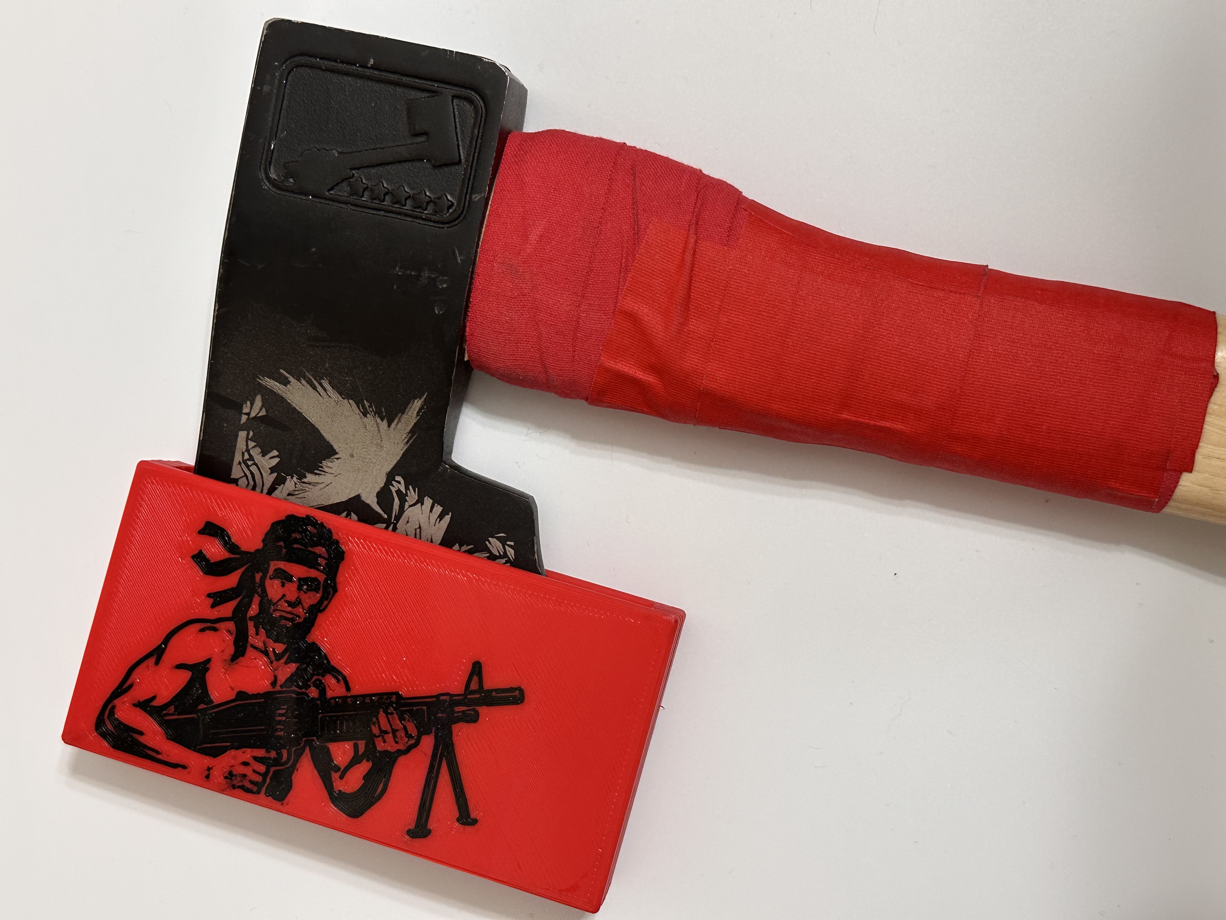 Rambo custom red big axe sheath flat lay