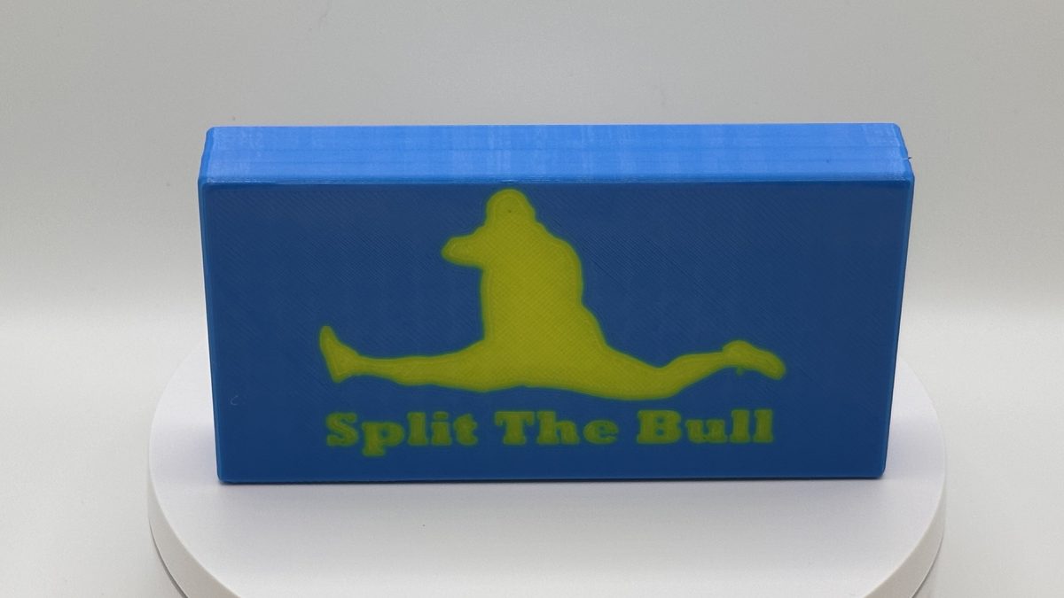 Split The Bull custom blue and yellow hatchet sheath, full side view